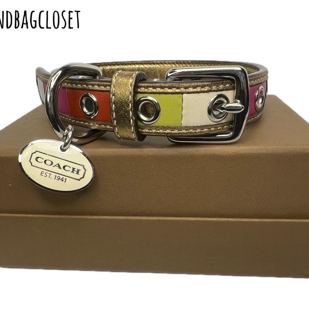 Coach Legacy Striped Leather Vintage Pink Blue Size SMALL Dog Collar - Picture 12 of 16